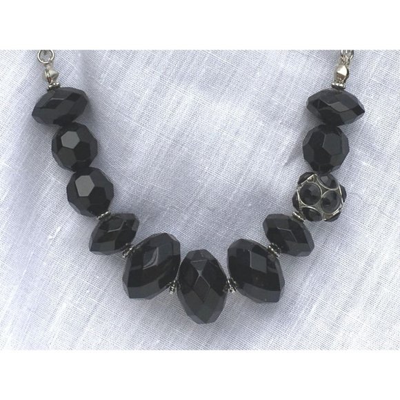 Silver Tone and Black Faceted Bead Asymmetric Necklace - Picture 2 of 4